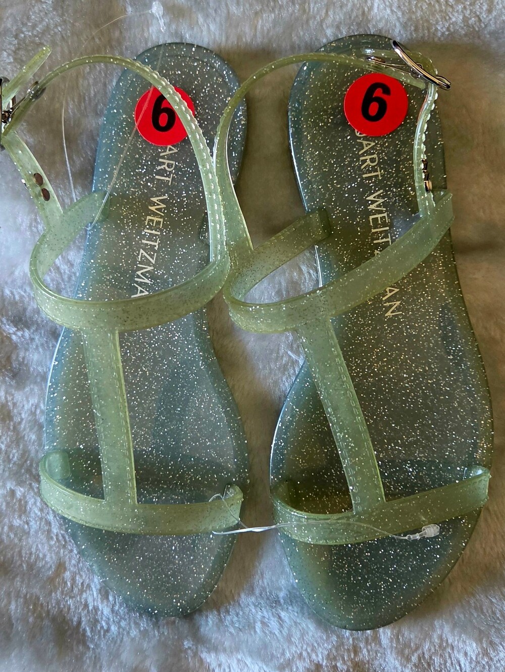 Stuart Weitzman Glitter T-Strap Jelly Sandals in Pale Green